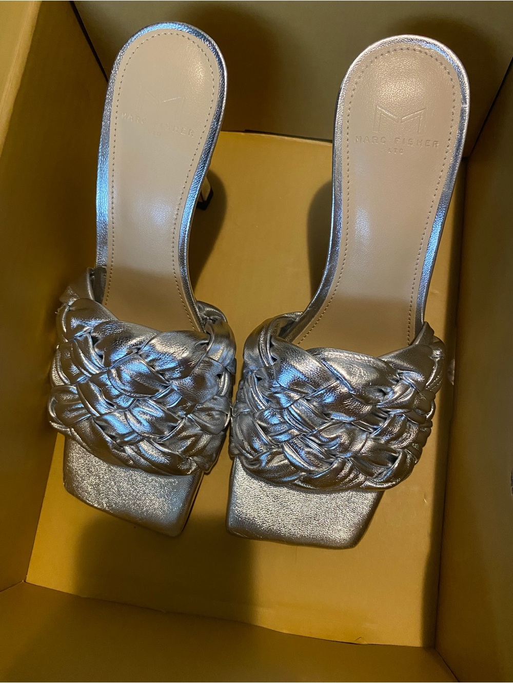 Marc Fisher Metallic Silver Braided Slide Sandals